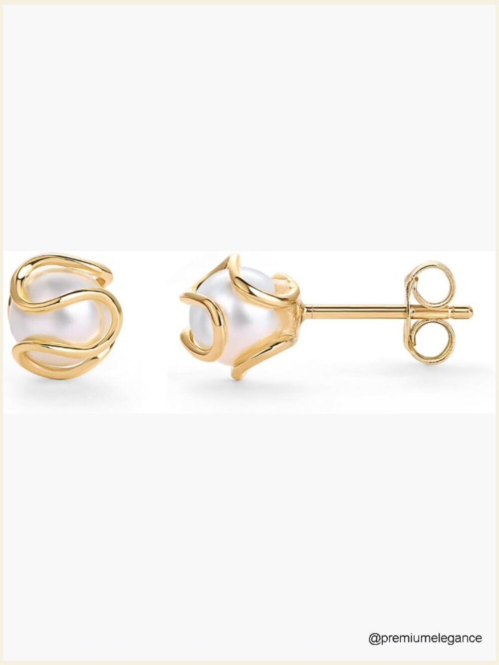 Round Caged Small Pearl Stud Earrings - Hypoallergenic Gold